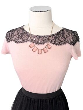 LOFT Pink and Black Lace Short Sleeve Top Size XS